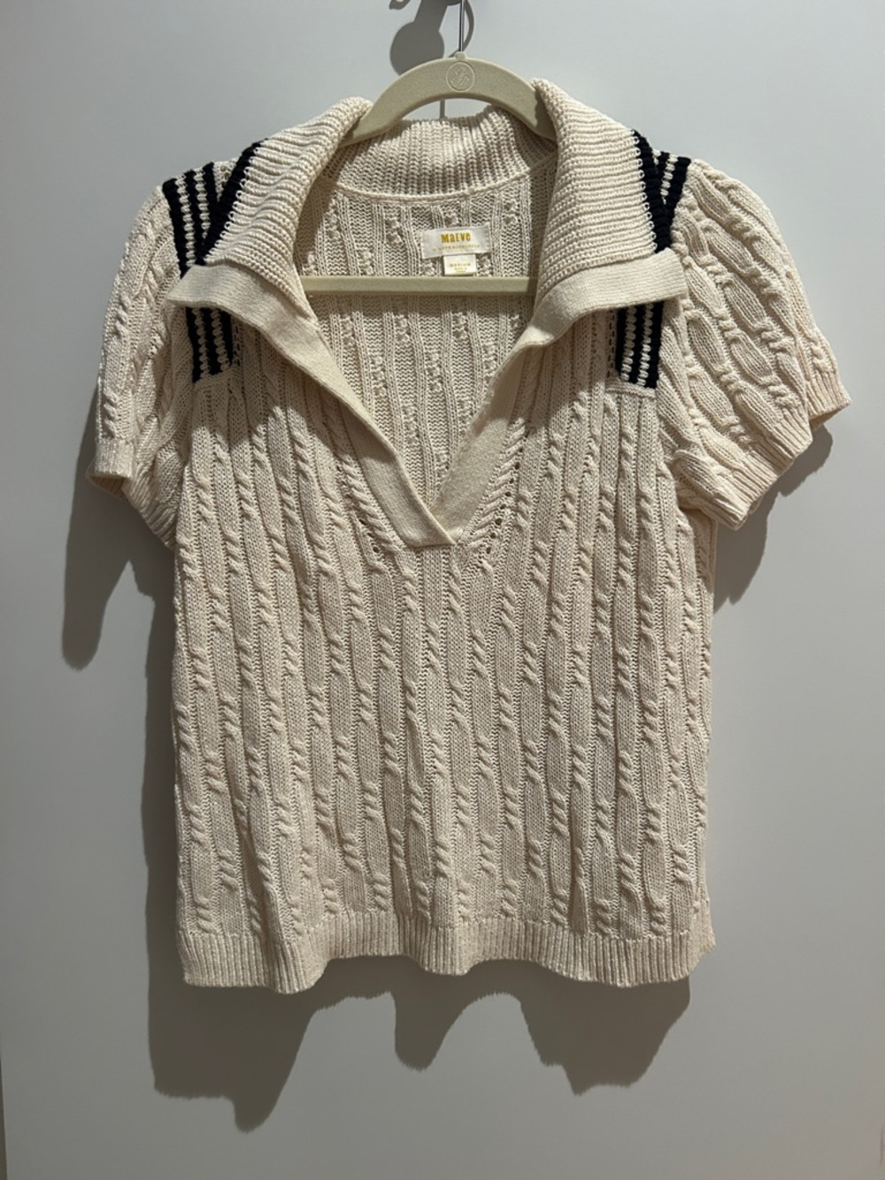 MAEVE Cream Cable-Knit V-Neck Short Sleeve Sweater with Black Shoulder Stripes